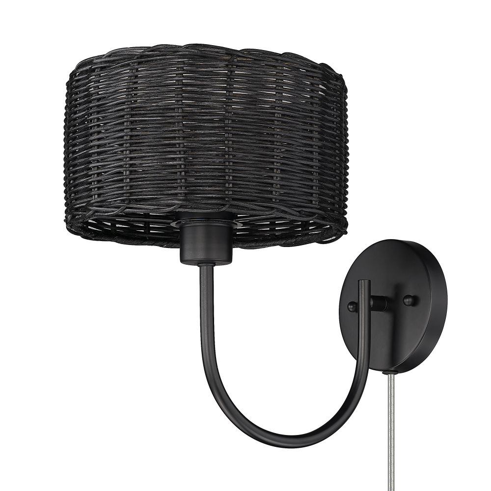 Golden Lighting 1084-1W BLK-BW Erma 1 Light Wall Sconce in Matte Black with Black Wicker Shade